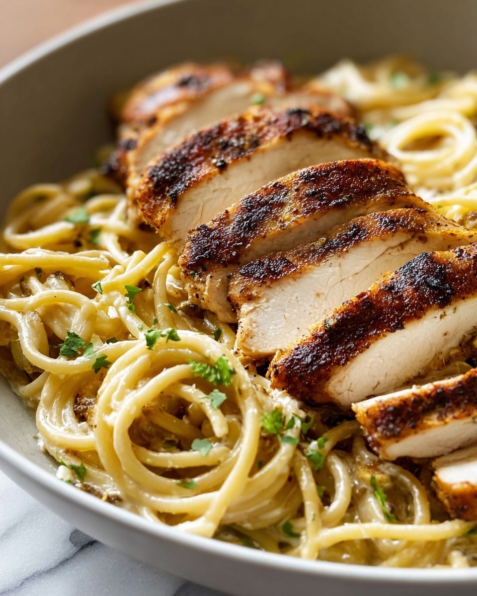 A white bowl filled with creamy spaghetti noodles at the bottom layer, shiny with sauce and light green herb bits scattered throughout. On top, several thick slices of golden brown, cooked chicken are neatly arranged in a row, showing the juicy white inside and a well-seasoned outer crust with dark sear marks. The bowl rests on a white marbled surface. Photo taken with an iphone --ar 4:5 --v 7