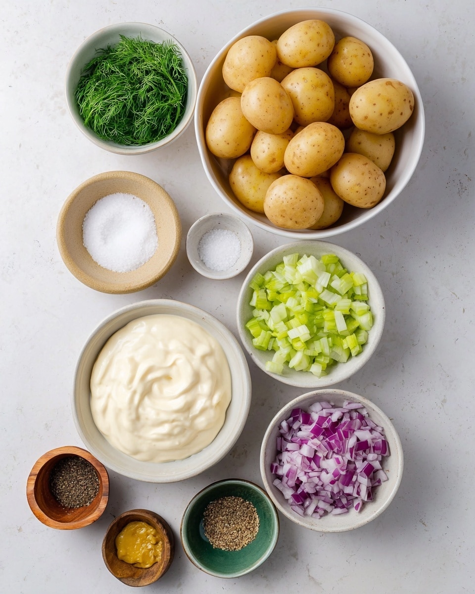 The image shows a flat lay of various ingredients for a dish arranged on a white marbled surface. In the top center, there is a large white bowl filled with small, light brown potatoes with smooth skin. To the top left of the potatoes is a small white bowl filled with fresh green dill. Below the dill is a small wooden bowl containing coarse salt. In the middle left, there is a beige bowl with a creamy white liquid. Centered in the image is a white bowl full of a thick, creamy white sauce. To the right of the sauce, there is a white bowl with chopped light green celery pieces. Below the celery is a small white bowl with diced purple onions. Under the onions is a small green bowl holding whole grain mustard. At the bottom left, a small wooden bowl contains ground black pepper. All the bowls vary in size and the ingredients provide a mix of smooth, creamy, and textured looks, placed neatly in separate bowls. photo taken with an iphone --ar 4:5 --v 7