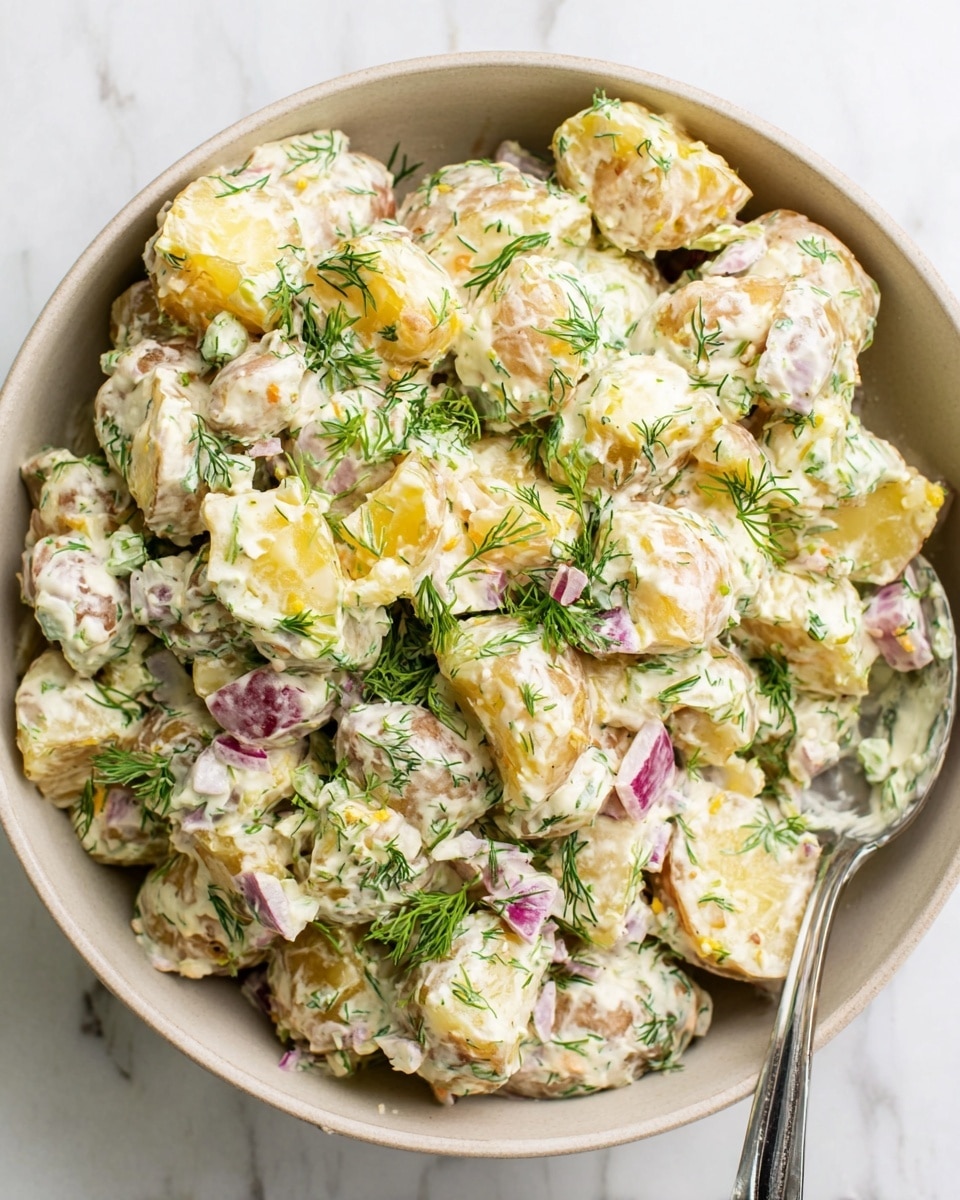 A bowl filled with creamy potato salad made of roughly chopped yellow potatoes coated in a thick white dressing mixed with small pieces of red onion and celery. The salad is sprinkled with fresh green dill leaves scattered throughout. The potatoes show a soft texture with some skin left on, and the dressing has small bits of mustard seeds visible. A silver spoon rests on the right side inside the bowl. The bowl is placed on a white marbled surface. Photo taken with an iphone --ar 4:5 --v 7