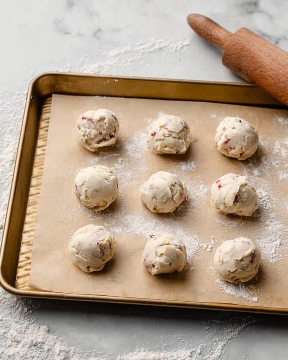 The image shows a gold baking tray lined with parchment paper, holding ten raw cookie dough balls spaced apart in two rows. Each cookie ball is pale with a creamy texture, slightly uneven and containing tiny red bits inside. The tray is placed on a white marbled surface dusted with some flour, and a wooden rolling pin is partially visible on the right side. Photo taken with an iphone --ar 4:5 --v 7