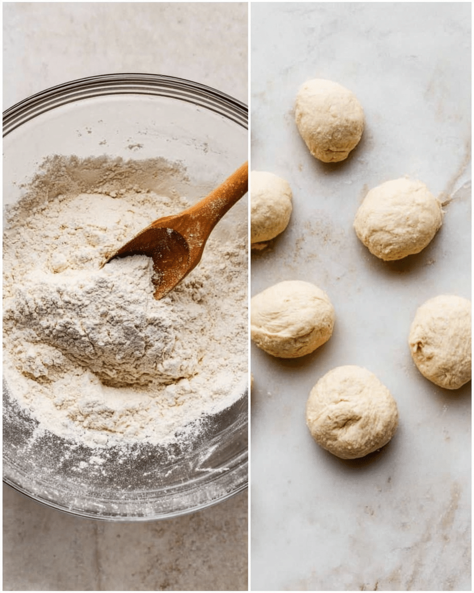 The left side of the image shows a clear glass mixing bowl with a wooden spoon stirring beige dough that is covered with flour, resting on a white marbled surface. On the right side, six small, round dough balls with a smooth, slightly puffy texture and light beige color are placed on a white marbled surface, arranged in two uneven rows. photo taken with an iphone --ar 4:5 --v 7