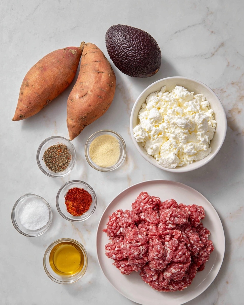 The image shows raw ingredients laid out on a white marbled surface. On a white plate to the bottom right, there is a large pile of raw ground meat with a pinkish-red color and a coarse texture. Above it, there is a small white bowl filled with white cottage cheese, clumpy and soft in texture. To the top left of the bowl, there is one dark purple avocado with a rough, bumpy skin. Near the top left corner, two whole raw sweet potatoes with orange-brown skin and a slightly rough texture lie side by side. Below these items, four small glass bowls hold different powders and spices: a deep red paprika, a pale yellow powder, white granulated seasoning, and red chili flakes. In the bottom left are two small white bowls, one with fine white salt and the other with golden liquid honey. The overall setting is clean and simple, showing each ingredient clearly. photo taken with an iphone --ar 4:5 --v 7