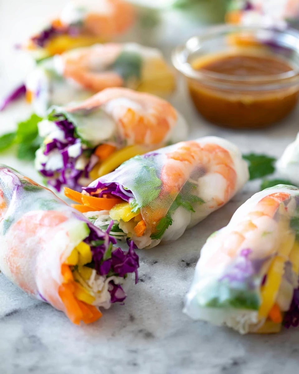 The image shows fresh spring rolls on a white marbled surface. Each roll has a thin, translucent white rice paper wrapping that lets you see the colorful layers inside. Inside, there are visible pink shrimp, bright orange strips of carrot, green leafy herbs, and purple cabbage, all layered together to create a fresh, vibrant look. In the background, there is a small clear glass bowl with brown dipping sauce. The rolls are arranged scattered, some focused in the front and others blurred in the back, giving a sense of depth. Photo taken with an iphone --ar 4:5 --v 7