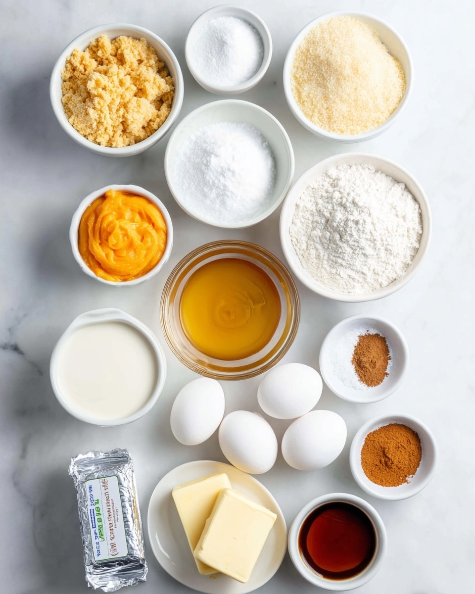 The image shows a white marbled surface with several white bowls and dishes arranged neatly, each holding different ingredients. At the top, three bowls contain light yellow crumbs, white granulated sugar, and white powdered sugar. Below them are bowls with a pale yellow liquid, bright orange puree, and white flour. In the center, there is a round glass bowl filled with golden liquid, next to a white bowl with white milk. Surrounding these bowls are four white eggs placed on the surface. At the bottom, two sticks of yellow butter rest side by side, next to a silver-wrapped package of cream cheese. Small white dishes hold brown cinnamon powder, white salt, white baking powder, and a dark amber liquid. The overall layout is clean and organized, with a bright, natural light highlighting the textures and colors of the ingredients. Photo taken with an iphone --ar 4:5 --v 7