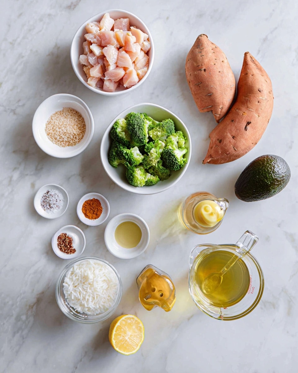 The image shows ingredients for cooking neatly arranged on a white marbled surface. There is a white bowl near the top left filled with small pieces of light pink chicken. Below it, a smaller white bowl contains bright green broccoli florets. Toward the center right, there are three large orange sweet potatoes placed close together. Next to them on the right side, there is a whole dark green avocado and a clear honey bottle with a yellow cap shaped like a bear. Around the bowls and potatoes are small dishes with various seasonings including a mix of red and beige powders, black pepper, salt with a small golden spoon, and a reddish-brown spice. There is a small clear glass with a creamy white sauce, a clear measuring cup filled with white rice, a small glass bowl of golden olive oil, and a halved lemon with bright yellow inside placed near the bottom center. The whole setup is bright and clean. photo taken with an iphone --ar 4:5 --v 7
