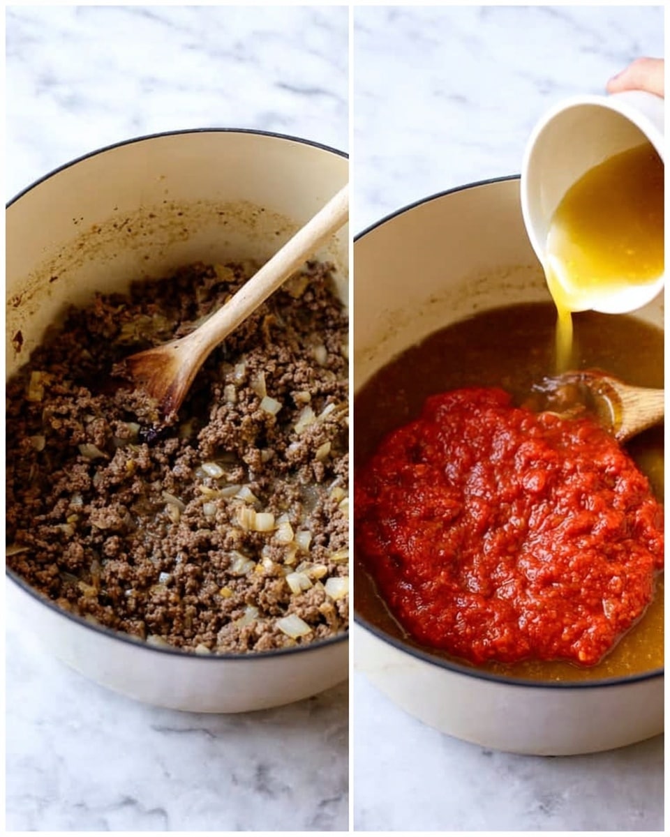 In the first part of the image, a large white pot holds browned ground meat cooked with bits of onion, showing a mix of dark brown and light gray colors with a wooden spoon resting inside. The second part of the image shows the same pot with the browned meat partly covered by a bright red tomato paste layer sitting on top, with a yellowish liquid being poured in from a white container, while the wooden spoon stays in the pot. The background is a white marbled surface, and the pot is centered in both images. Photo taken with an iphone --ar 4:5 --v 7