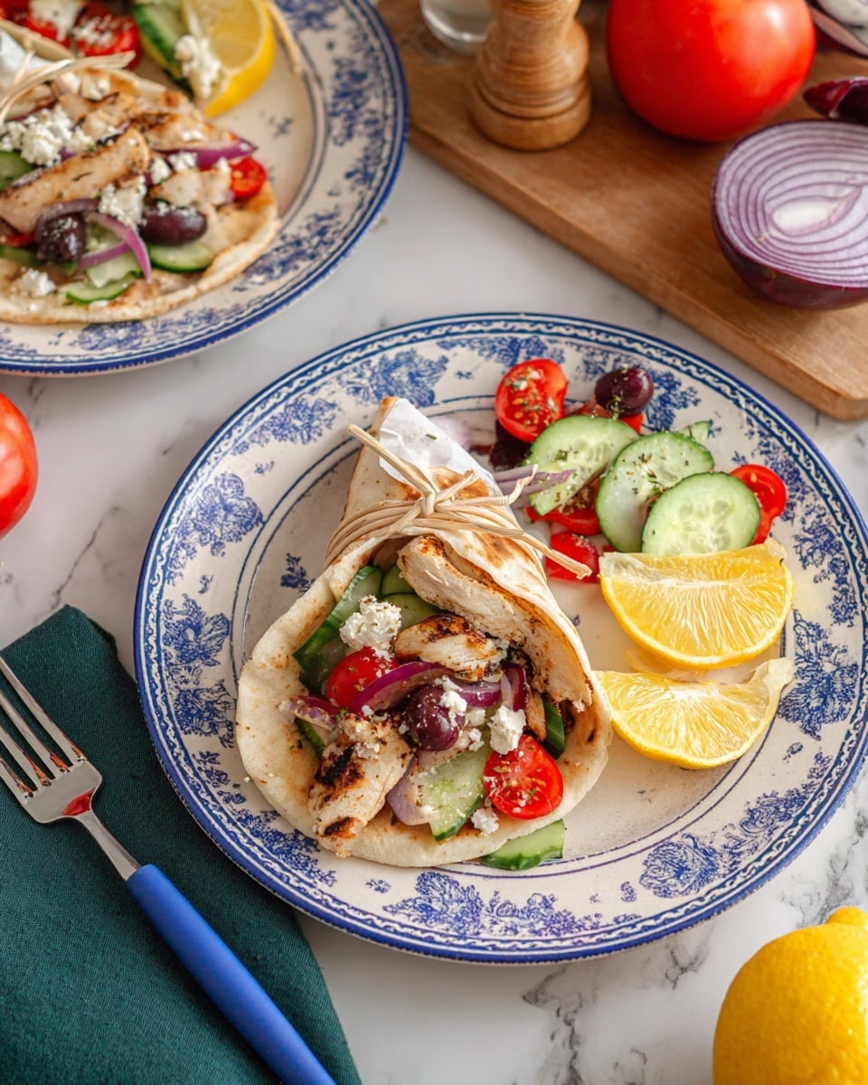The image shows a white plate with a blue floral pattern on a white marbled surface. On the plate, there is a folded flatbread wrap tied with a string, filled with layers of light brown grilled chicken, sliced cucumbers with green skin, red cherry tomato halves, dark purple olives, small pieces of red onion, and white crumbled cheese. Next to the wrap on the plate are two bright yellow lemon slices and a small salad mix of cucumber, tomato, olives, red onion, and cheese. A fork with a blue handle is placed on a dark green cloth napkin to the side. In the background, part of another similar dish on a matching plate, a halved red onion, a wooden board with a whole red tomato, and a pepper grinder are visible. Photo taken with an iphone --ar 4:5 --v 7