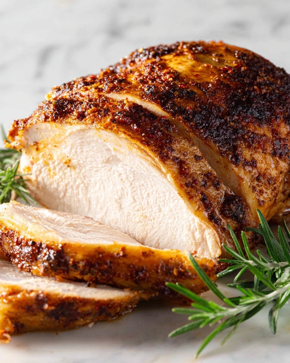 The image shows a large, sliced roasted chicken with a crispy, golden-brown skin on the outside, and soft, white meat inside. The chicken is laid on a white marbled surface, with the outer skin showing a textured, spicy crust that looks slightly oily and seasoned. At the bottom, a section of the wing is visible with a browned, slightly shiny texture. In front of the chicken, there is a sprig of fresh green rosemary adding a touch of color and freshness to the scene. The photo is close-up, focusing on the cut side and detailed texture of the cooked meat photo taken with an iphone --ar 4:5 --v 7