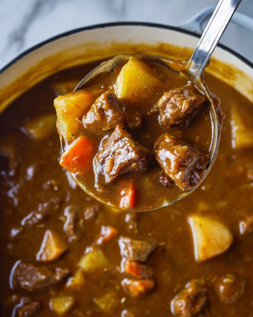 A close-up of a ladle lifting thick brown stew from a pot, showing large chunks of brown meat, light yellow potato pieces, and small orange carrot bits mixed in a rich, glossy brown sauce with a slightly chunky texture. The ladle is silver and tilted towards the camera, filled with a hearty mix of ingredients. The stew fills the white pot below, with visible pieces floating in the sauce, and the background features a white marbled surface. photo taken with an iphone --ar 4:5 --v 7