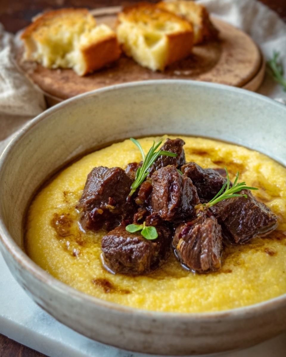 A white bowl filled with smooth, creamy yellow polenta topped with several dark brown chunks of braised meat. The meat looks tender with a slightly shiny surface, and there is a small green herb garnish on top. In the background, there are two pieces of toasted bread and a white marbled surface below. The setting feels cozy with soft, natural light. photo taken with an iphone --ar 4:5 --v 7