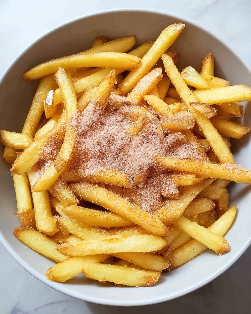 A bowl filled with a single layer of golden yellow fries showing slight oil sheen and a mix of crisp and soft textures. On top of the fries, there is a dusting of fine pinkish powder concentrated mostly in the center, spreading thinly around some fries beneath it. The bowl is white, set against a white marbled surface, giving a clean and simple look to the scene photo taken with an iphone --ar 4:5 --v 7