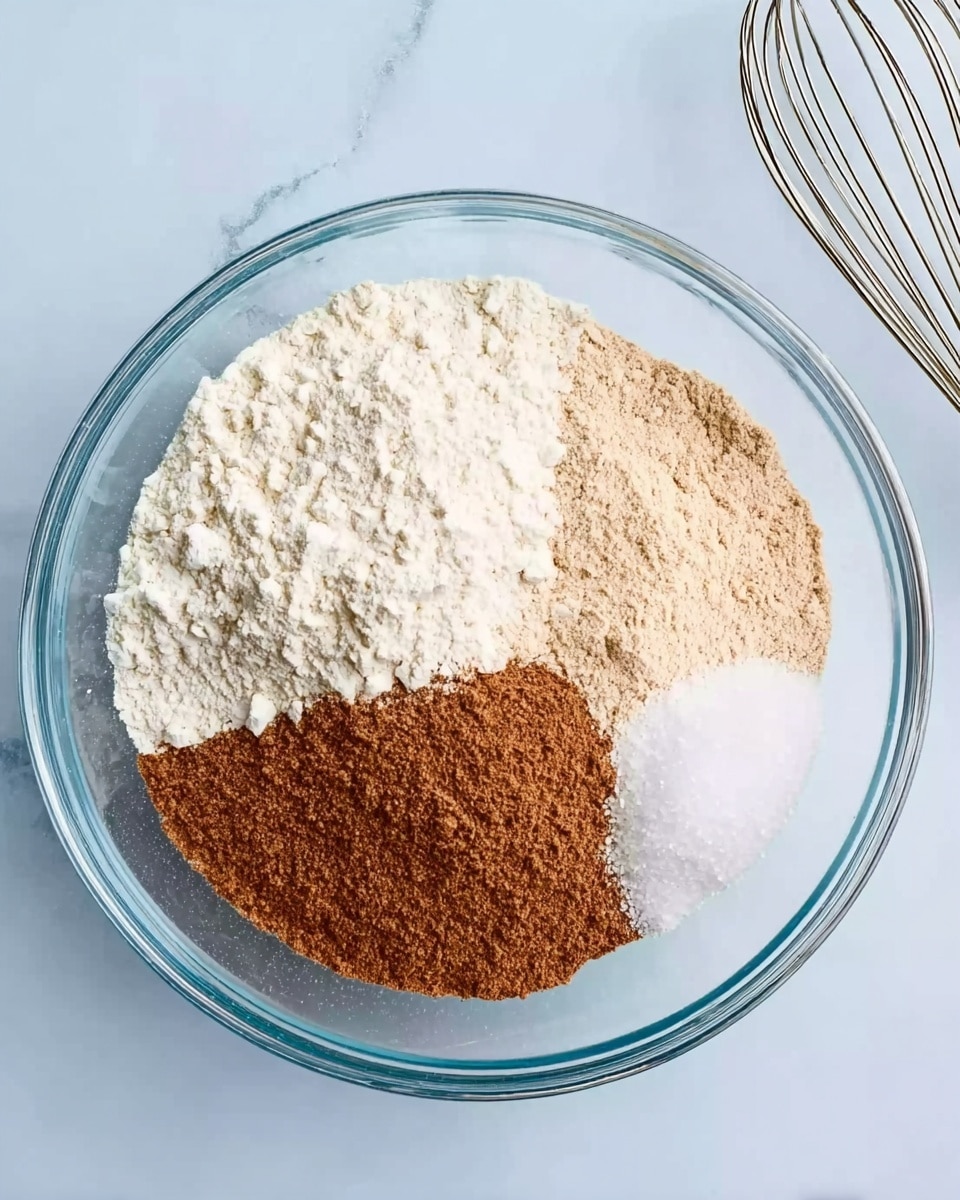 A clear glass bowl placed on a white marbled surface holds four separate ingredients arranged neatly in sections within the bowl. The largest section is filled with white flour, a smaller section contains a light brown powder, possibly cinnamon or cocoa powder, another space has white granulated sugar, and the last section has a smaller amount of baking powder or salt. To the right of the bowl, part of a metal whisk is visible. The scene is bright and clean, emphasizing the natural colors and textures of the dry ingredients. photo taken with an iphone --ar 4:5 --v 7