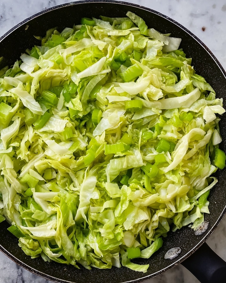 A close-up of a black skillet filled with a single layer of sliced light green cabbage mixed with pieces of bright green celery, all chopped into thin strips and spread evenly across the pan. The cabbage has a soft, slightly curled texture, while the celery pieces have a crisp, ribbed surface. The skillet sits on a white marbled surface, highlighting the fresh green colors of the vegetables. photo taken with an iphone --ar 4:5 --v 7