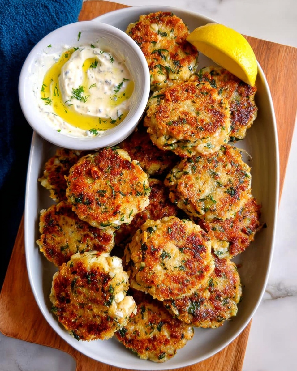 A stack of six golden brown patties with visible green zucchini pieces and fresh herbs mixed inside, slightly crispy on the outside and tender on the inside. The patties have a round shape with a rough texture, each layer showing a slight crisp edge with a soft, moist interior. They are stacked on a light brown paper on a white marbled surface with a gray cloth blurred in the background and a partial view of a yellow lemon on the right side. The image is close-up, showing the moist texture and vibrant green bits in the patties clearly, with soft natural lighting. Photo taken with an iphone --ar 4:5 --v 7