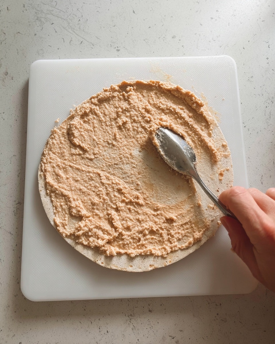 A round, light beige flatbread lies flat on a white cutting board with a spread layer of chunky, pale brown paste covering the entire surface evenly. A silver spoon resting on the right side of the flatbread shows it being used to spread the paste. A woman's fingers can be seen holding the spoon, and the scene is set against a white marbled texture background. photo taken with an iphone --ar 4:5 --v 7