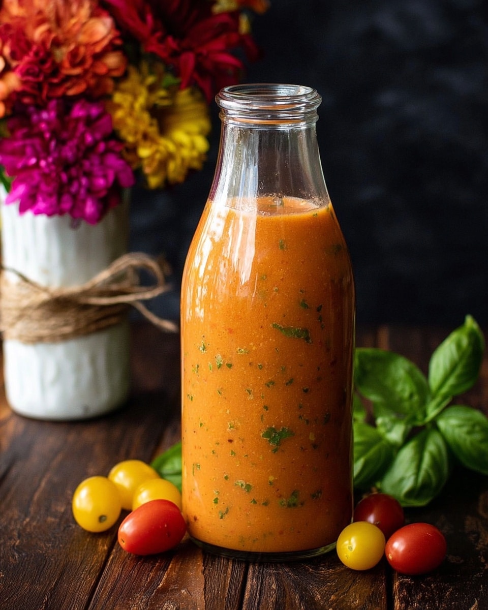 A clear glass bottle filled with thick, orange-colored sauce that has small green herb specks evenly spread throughout. The bottle sits on a dark wooden surface next to small clusters of yellow and red cherry tomatoes and fresh green basil leaves. In the background, there is a white vase wrapped with twine holding bright flowers in red, pink, and yellow shades, adding color contrast. The background is dark, making the bottle and tomatoes stand out clearly. Photo taken with an iphone --ar 4:5 --v 7