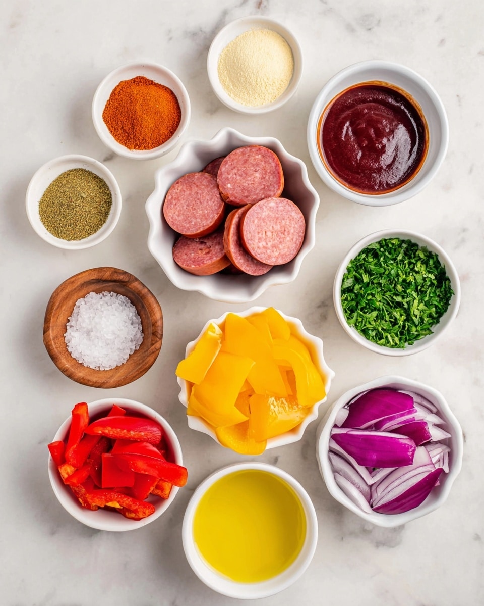 The image shows nine small white bowls arranged on a white marbled surface, each holding different ingredients. At the top, one bowl contains four separate piles of spices in red, light yellow, white, and green colors. To the right, a bowl is filled with thick dark red sauce. In the center is a scalloped white bowl with sliced sausage pieces showing a pink inside and red outside skin. Above the sausage, a small bowl holds chopped fresh green herbs. To the left is a bowl with bright yellow bell pepper chunks, below it a small wooden bowl with white salt crystals. On the bottom left, a bowl contains red bell pepper pieces, and on the bottom right another bowl holds purple onion wedges. At the very bottom center, a white bowl contains yellow cooking oil. The setup is neat and colorful, with each ingredient clearly visible. photo taken with an iphone --ar 4:5 --v 7