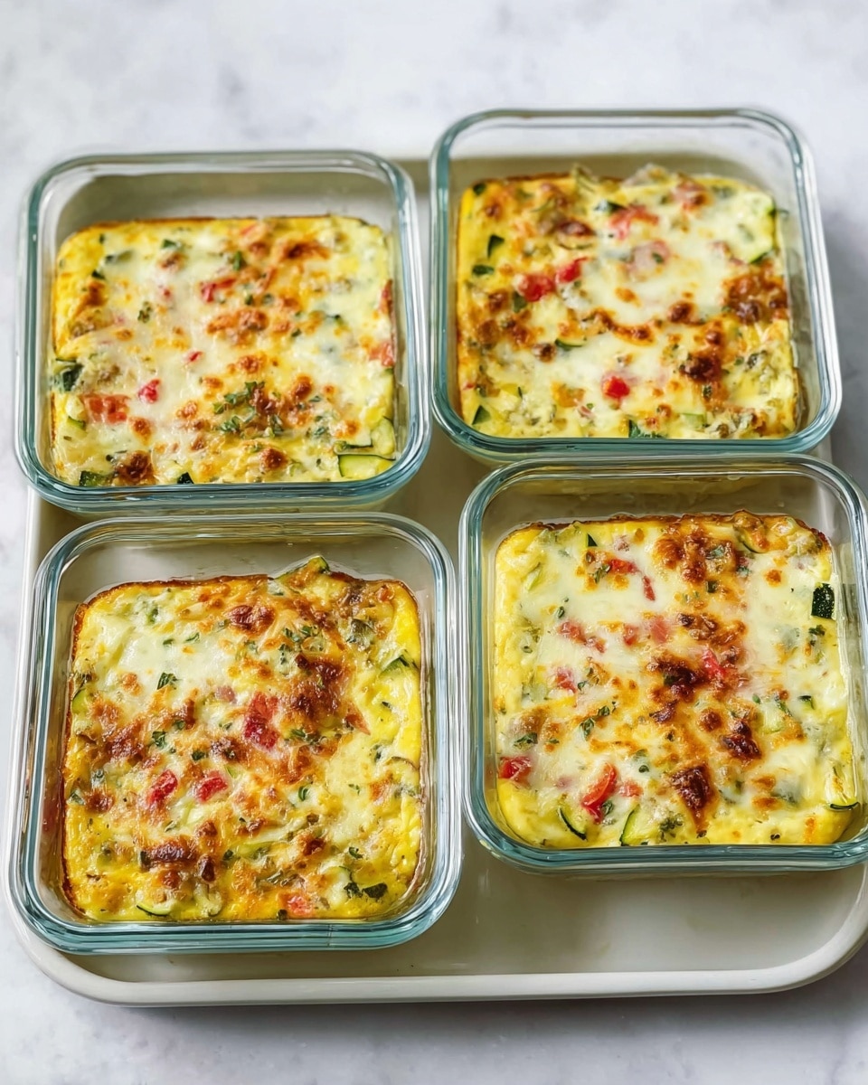 The image shows four clear glass rectangular containers filled with a baked dish that has a top layer of melted, lightly browned cheese. The dish inside each container has a creamy yellow base mixed with small pieces of green zucchini, red tomato, and bits of herbs, giving a speckled and textured look. The containers sit neatly on a white tray that rests on a white marbled surface. Each container is filled to the top with the food, and the cheese layer has light golden brown spots indicating it has been cooked to a crisp. photo taken with an iphone --ar 4:5 --v 7