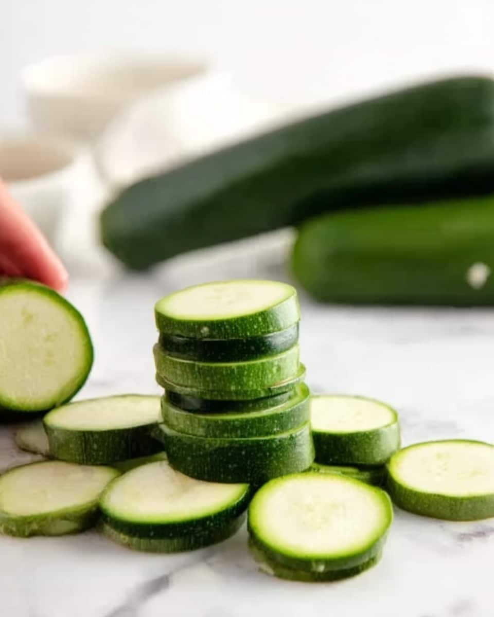 The image shows a pile of round, green slices of zucchini arranged on a white marbled surface. Behind the slices, there are two whole zucchinis, dark green and smooth-skinned, placed horizontally. A woman's hand is holding one of the whole zucchinis, positioned on the left side. In the background, there are blurry white bowls adding softness to the scene. The colors are fresh with the light green of the sliced zucchini and the darker green of the whole zucchinis, all set against a clean, white marbled background. Photo taken with an iphone --ar 4:5 --v 7