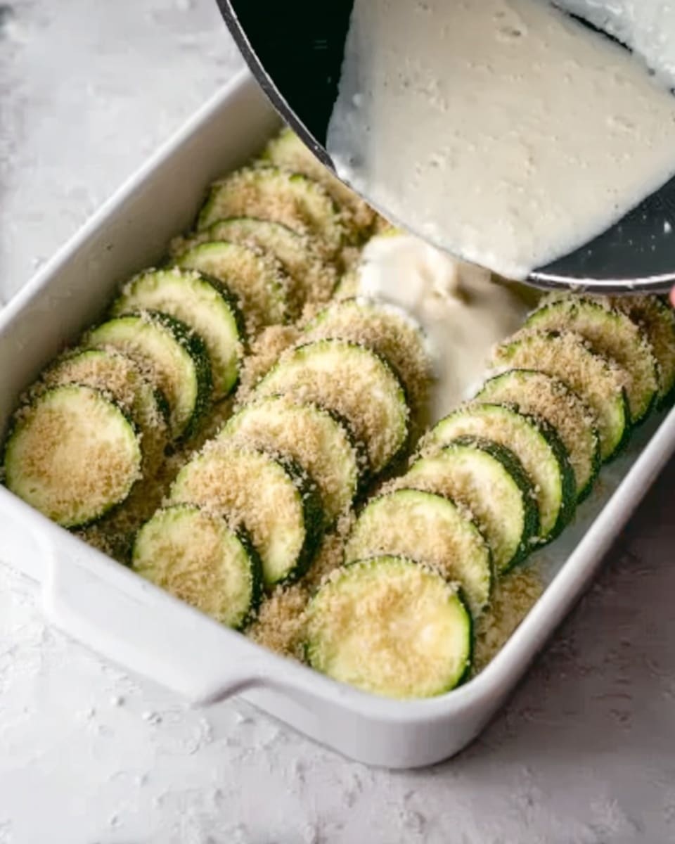 The image shows a white rectangular dish filled with three rows of sliced zucchini, each slice evenly coated with a light layer of breadcrumbs, giving a grainy texture. Above the dish, a black pan is being held by a woman's hand, pouring a white creamy sauce over part of the zucchini slices. The background is a white marbled surface. photo taken with an iphone --ar 4:5 --v 7
