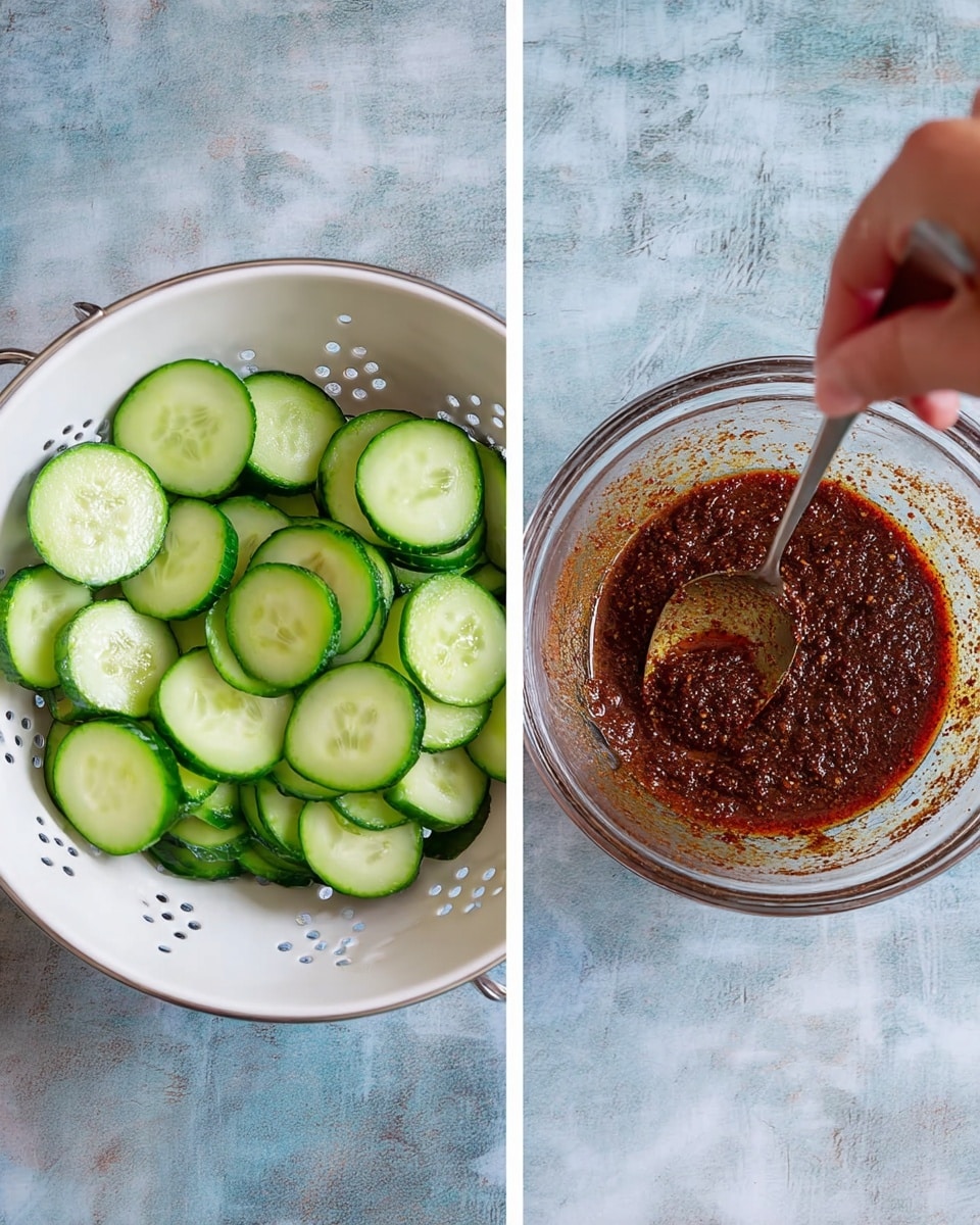 The image is split into two parts. On the left side, there is a white colander filled with many thin, round slices of cucumber, each with green skin and light green inside, stacked loosely but covering the bottom. On the right side, there is a woman's hand holding a spoon inside a clear glass bowl. The bowl contains a dark reddish-brown sauce with a thick, grainy texture, some sauce splattered around the edges of the bowl. Both containers are placed on a white marbled surface. Photo taken with an iphone --ar 4:5 --v 7