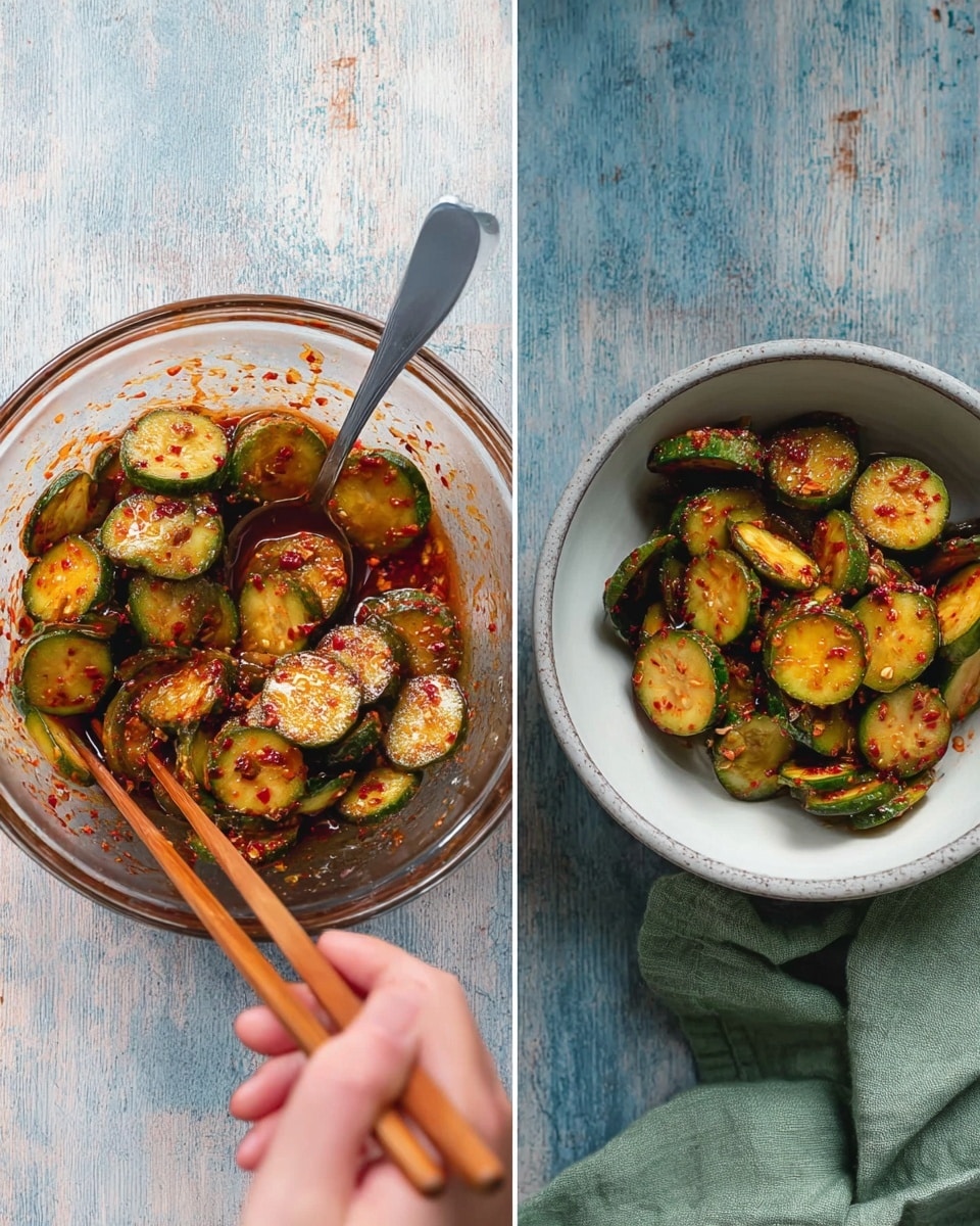 The image shows two bowls filled with round slices of cucumber coated in a bright reddish chili sauce with visible chili flakes. The left bowl is clear glass with a spoon inside, showing the cucumber slices mixed with the sauce, with some sauce splashes on the sides. The right bowl is white with a grayish rim, filled with the same cucumber slices in sauce, placed on a folded green cloth. A woman’s hand holding wooden chopsticks is about to pick up one cucumber slice. Both bowls are set on a white marbled surface with a rustic blue wooden texture. Photo taken with an iphone --ar 4:5 --v 7