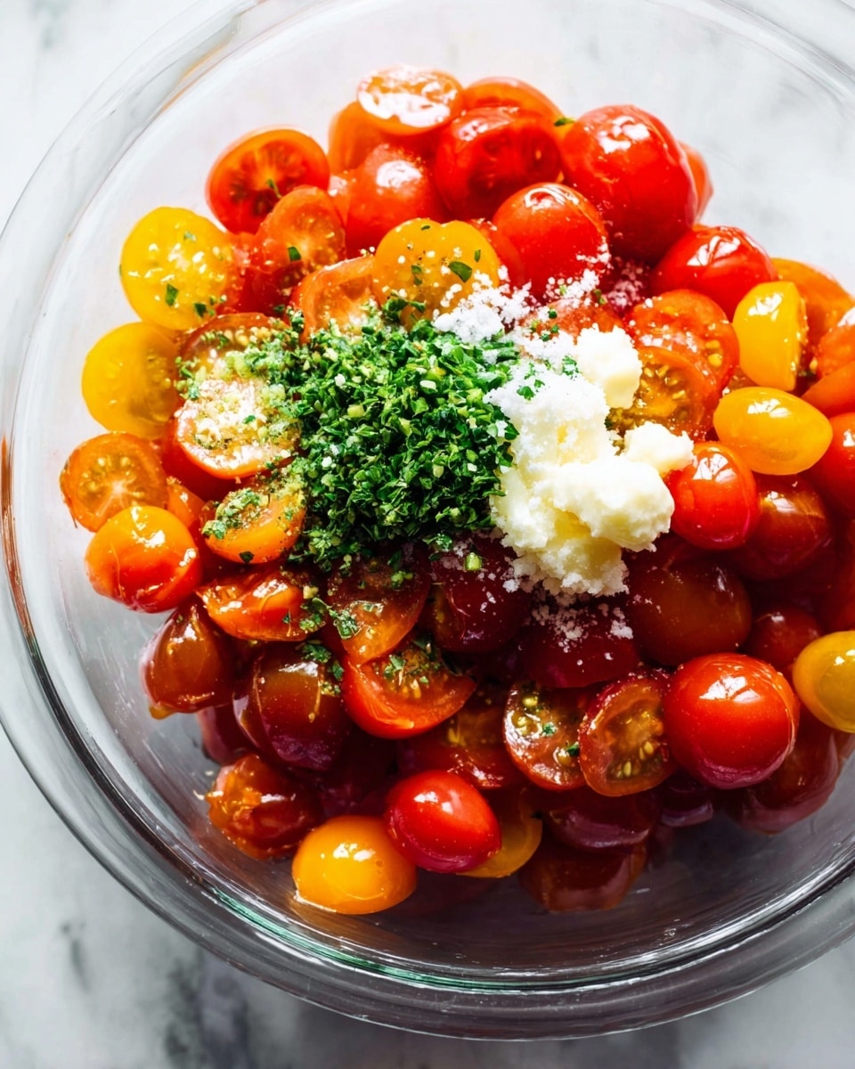 Inside a transparent bowl, there is a mix of cut cherry tomatoes in red, orange, yellow, and deep red colors, creating a bright and fresh look. On top, there are three small piles: one of finely chopped green herbs in the center, one of white granules resembling salt or cheese to the right, and a creamy white dollop that might be garlic or cheese on the left. The tomatoes have a shiny texture with some juice visible, and the bowl is placed on a white marbled surface. photo taken with an iphone --ar 4:5 --v 7