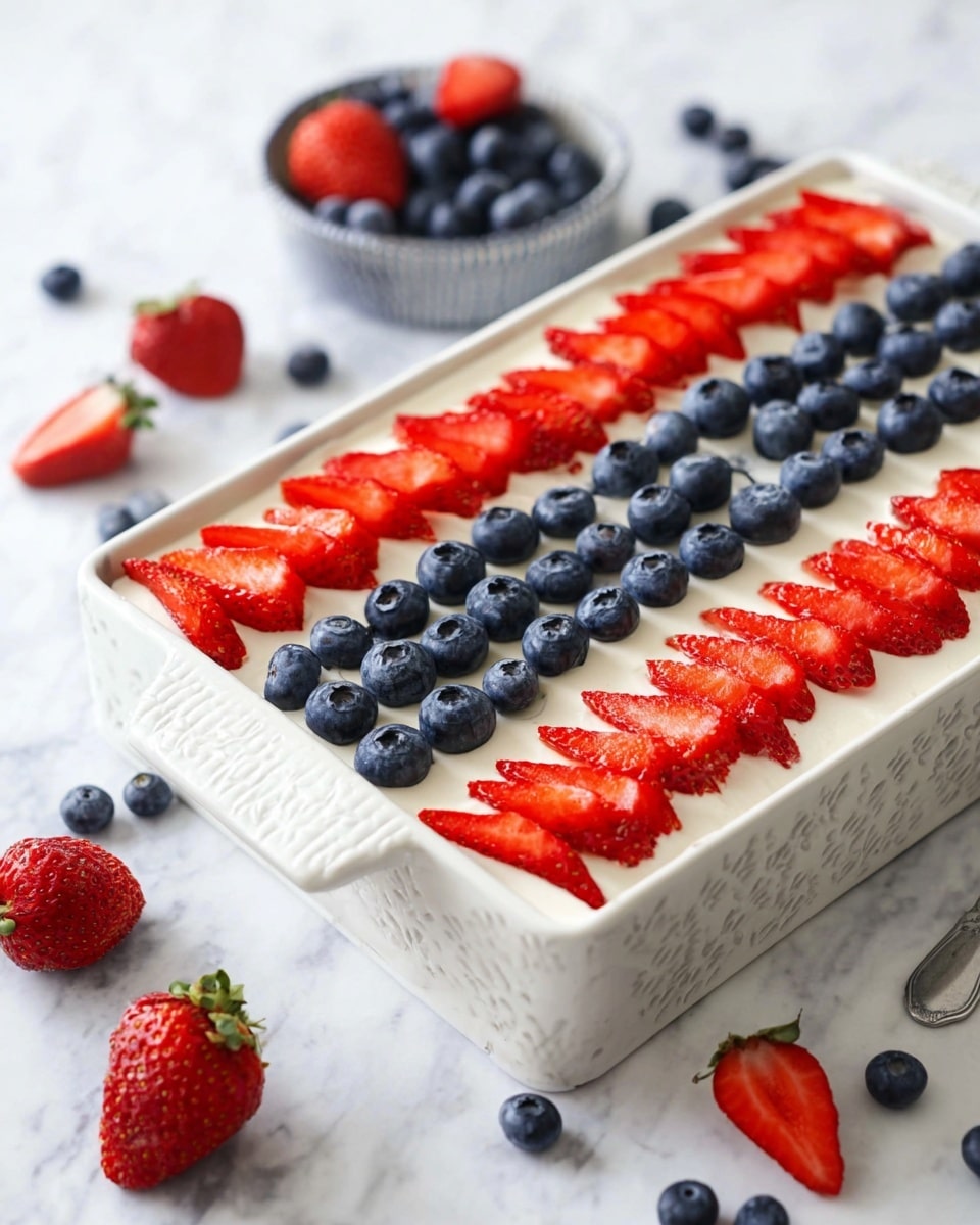 A rectangular dessert in a white ceramic tray sits on a white marbled surface. It has a smooth, creamy white top layer, decorated with neat rows of fruit: the outer rows have bright red sliced strawberries slightly overlapping each other, and the center row has whole plump dark blue blueberries evenly spaced. The tray has a subtle textured pattern on the edges, and there are loose strawberries and blueberries around the tray. The scene is bright and clean. photo taken with an iphone --ar 4:5 --v 7