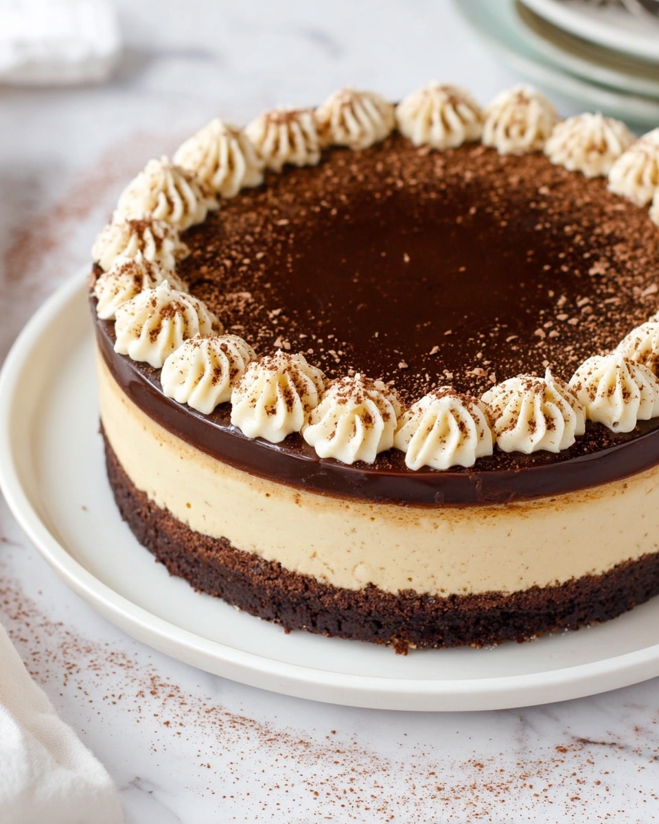 A three-layer round dessert is shown on a white plate on a white marbled surface. The bottom layer is thick and dark brown with a rough texture, the middle layer is smooth and light beige, and the top layer is a shiny dark chocolate glaze evenly spread. Around the edge of the dessert, there is a border of light cream swirls, each dusted lightly with cocoa powder. Some cocoa powder is scattered on the dessert's top and on the white plate edge. photo taken with an iphone --ar 4:5 --v 7
