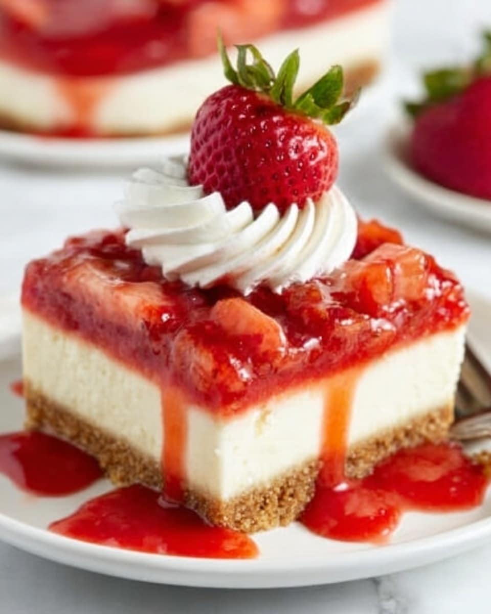 A square piece of layered dessert sits on a white plate over a white marbled surface, with a layer of crunchy, light brown crust at the bottom, topped by a thick, creamy, pale yellow layer of cheesecake. On top, there is a vibrant red strawberry sauce with many small strawberry pieces spread evenly, allowing some sauce to drip down the sides and pool on the plate. A swirl of white whipped cream stands in the center, crowned with a fresh, halved strawberry with its green leaves attached. Photo taken with an iphone --ar 4:5 --v 7