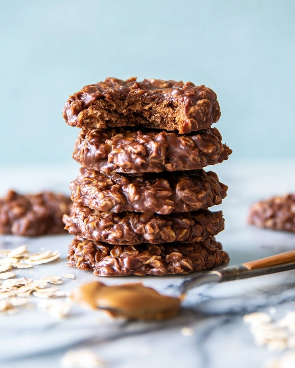 The image shows a stack of three chocolate oat cookies in the center on a white marbled surface, with one cookie on top and two cookies slightly separated around it. The cookies are rough in texture with visible oat pieces mixed in the dense, dark brown chocolate base. To the right, there is a silver spoon with a wooden handle holding a dollop of light brown peanut butter. Some scattered oats are spread near the cookies, adding to the natural and homemade feel of the scene. Photo taken with an iphone --ar 4:5 --v 7
