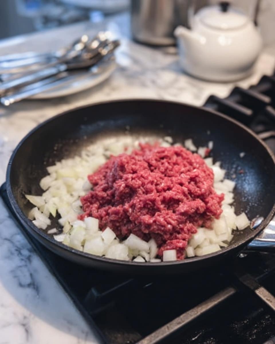 A close-up view of a black frying pan on a stove with a layer of chopped white onions spread evenly in the pan. On top of the onions, there is a mound of raw ground red meat, roughly in the center, showing its texture with small pieces piled together. The stove has a white teapot and some silver utensils visible in the background, all set on a white marbled surface. The photo taken with an iphone --ar 4:5 --v 7