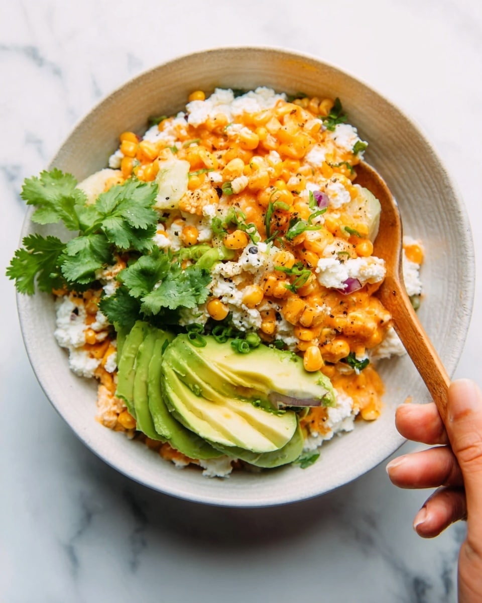 A white bowl on a white marbled surface holds a layered dish with creamy white cottage cheese at the bottom, topped with a vibrant orange layer of roasted sweet corn and diced vegetables. Fresh green cilantro leaves are placed on top, along with sliced avocado fanned neatly on one side. A woman's hand is holding a wooden spoon within the bowl. photo taken with an iphone --ar 4:5 --v 7