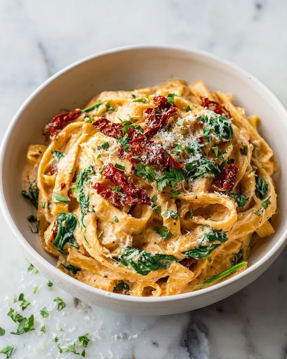A white bowl holds a creamy pasta dish with three main layers: at the bottom are flat fettuccine noodles coated in a thick, light orange sauce; mixed throughout are bright green spinach leaves adding freshness; and scattered on top are dried red sun-dried tomatoes, with a final sprinkle of grated white cheese and chopped green herbs for color and texture contrast. The bowl sits on a white marbled surface with some grated cheese and herbs fallen around it, showing a rustic, inviting presentation. photo taken with an iphone --ar 4:5 --v 7