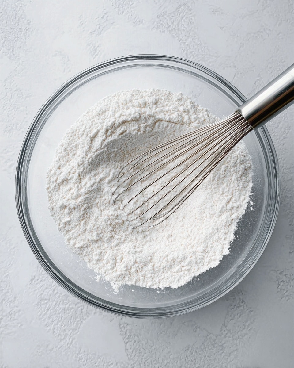 A clear glass bowl filled with white powdery flour with small lumps, with a silver metal whisk inserted on the right side, the whisk wires thin and spread out, sitting on a white marbled surface. photo taken with an iphone --ar 4:5 --v 7