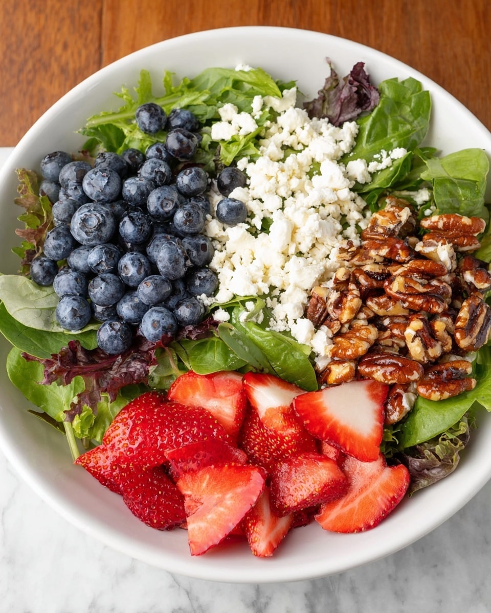 A white bowl filled with a fresh salad layered in four main sections: bright green mixed leafy greens at the base, topped with a cluster of deep blue blueberries on the left, a generous pile of crumbled white cheese on the top right, shiny brown nuts arranged in a neat pile on the bottom right, and bright red sliced strawberries on the bottom left. The bowl sits on a white marbled surface. photo taken with an iphone --ar 4:5 --v 7