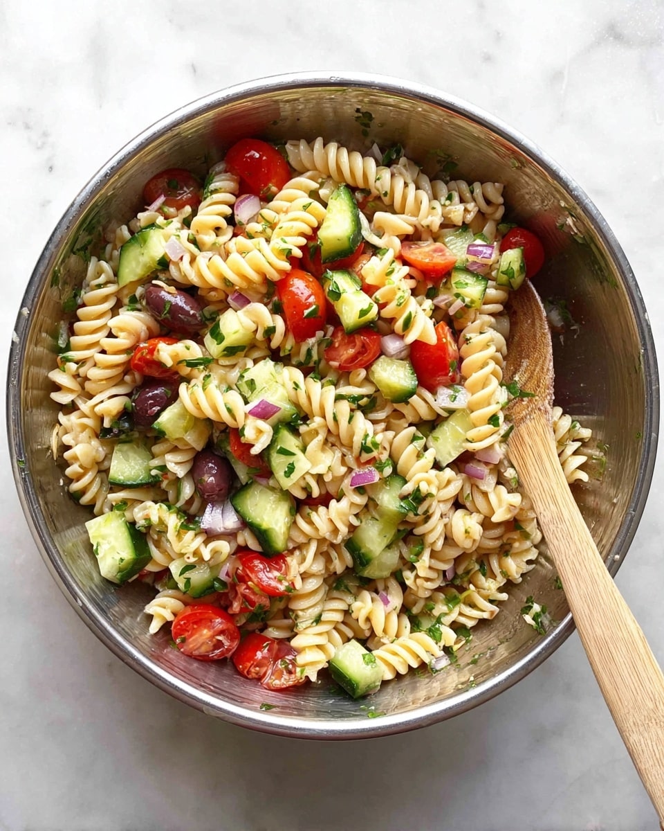 A large metal bowl filled with a fresh pasta salad sits on a white marbled surface. The salad has three main layers: a base of pale beige spiral rotini pasta, mixed with medium green cucumber chunks and bright red cherry tomato halves. There are also small pieces of shiny black olives and light purple diced onion scattered through the salad. Finely chopped green herbs are sprinkled throughout, and the textures range from soft pasta to crisp vegetables. A wooden spoon is placed inside the bowl on the right side, resting on the pasta. photo taken with an iphone --ar 4:5 --v 7