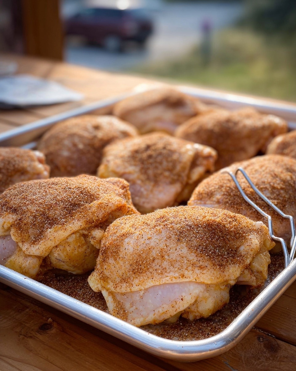 The image shows a metal tray filled with eight raw chicken thighs, each evenly spaced and covered with a dry rub of spices, giving them a light brown, speckled look. The chicken skin is pale with some slight folds and curves, showing its soft texture. Two metal probes are inserted into the front and back chicken thighs, hinting at temperature checks. The tray rests on a brown wooden surface with a blurred outdoor background. photo taken with an iphone --ar 4:5 --v 7
