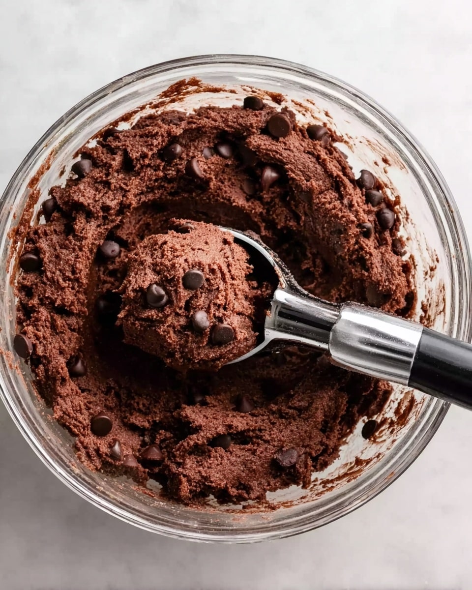 A clear glass bowl filled with thick, dark brown chocolate cookie dough dotted with numerous chocolate chips. A metal scoop with a black handle rests inside the bowl, holding a rounded scoop of dough. The bowl sits on a white marbled surface, showing some smudges of dough around the edges. The texture of the dough looks dense and slightly rough. Photo taken with an iphone --ar 4:5 --v 7