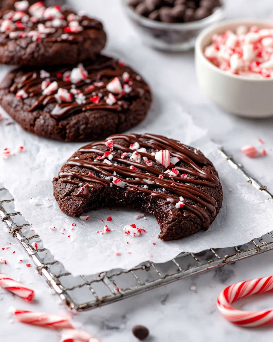 The image shows three dark brown chocolate cookies with a soft texture, laid on a piece of white parchment paper over a metal cooling rack. Each cookie is drizzled with a smooth layer of melted chocolate in a zigzag pattern and sprinkled with small red and white crushed peppermint pieces. The cookie in the front has a bite taken from it, revealing a moist interior. The background consists of a white marbled surface with scattered chocolate chips, a bowl filled with white and red peppermint pieces, and whole red and white peppermint candies nearby. photo taken with an iphone --ar 4:5 --v 7