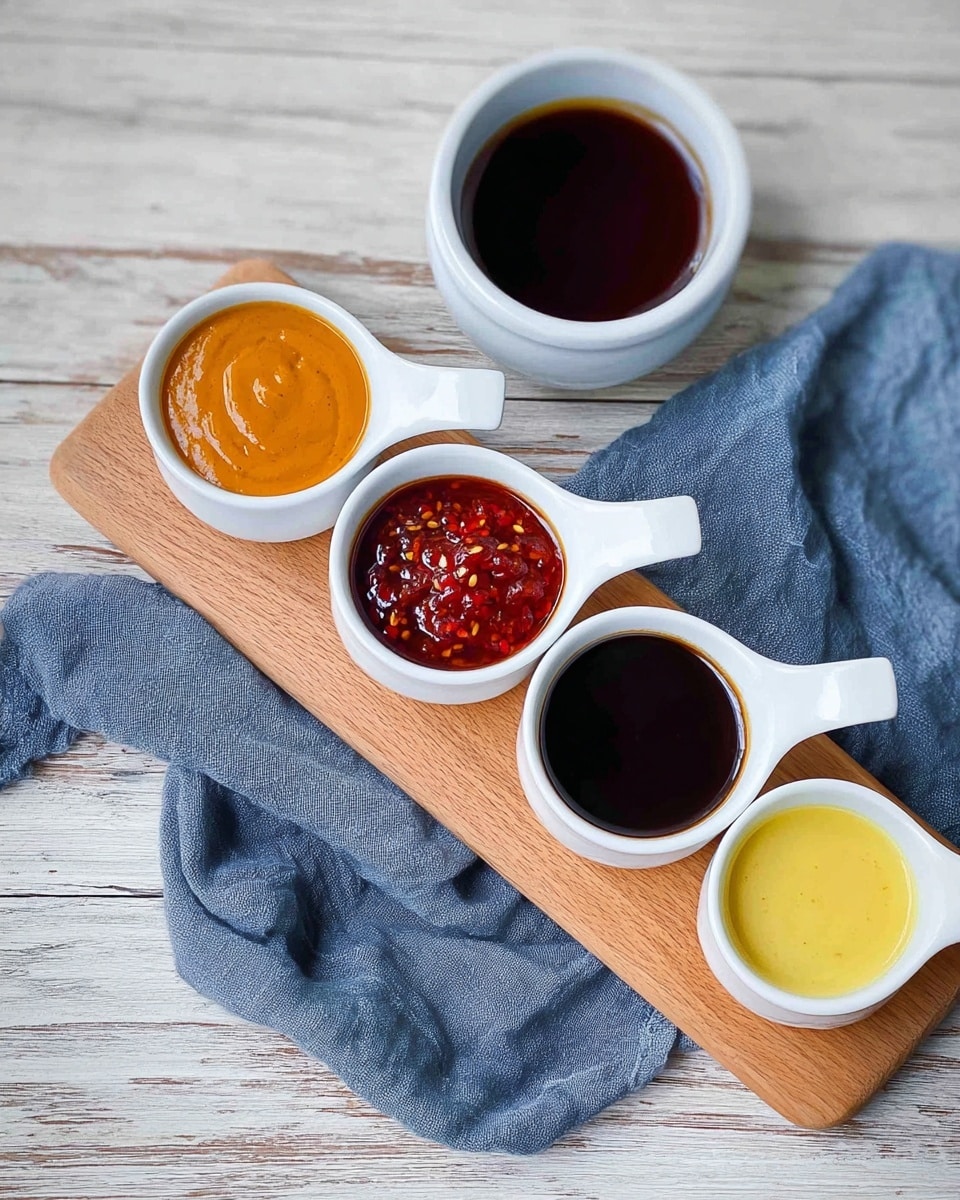 The image shows four white small dishes with handles, placed in a row on a light wooden board. Each dish holds a different sauce: the first dish contains an orange-yellow smooth sauce, the second has a chunky red sauce with visible seeds, the third holds a glossy dark brown sauce, and the fourth contains a bright yellow sauce that looks smooth. Next to the board, on a wrinkled blue cloth, there is a white bowl filled with a dark brown liquid. All items rest on a white marbled surface. Photo taken with an iphone --ar 4:5 --v 7