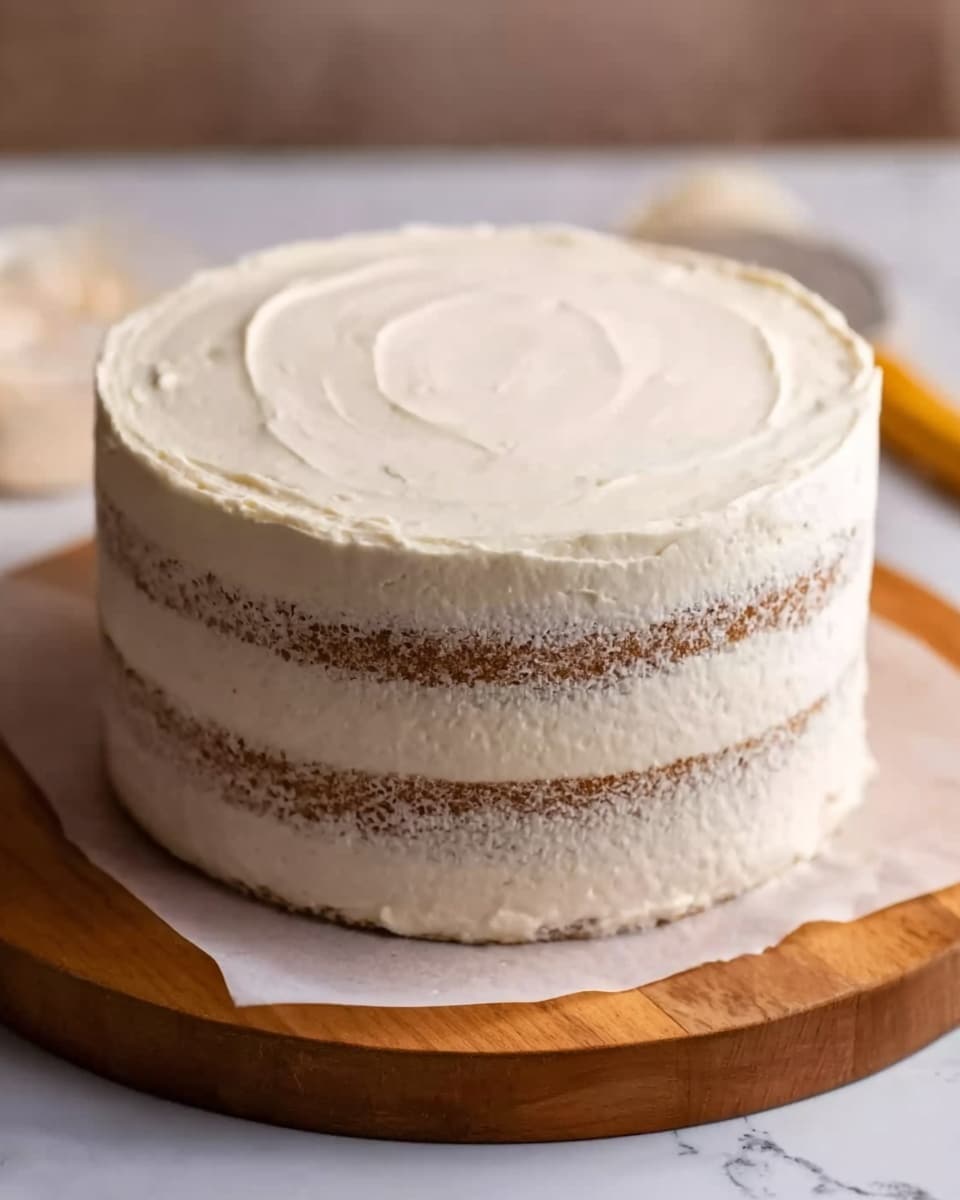 A round cake with two layers visible through a smooth cream-colored frosting. The frosting covers the top and sides evenly, with the cake layers showing as light brown lines in the middle. The cake sits on a white parchment paper on a round wooden board. The background is softly blurred with white marbled texture underneath. Photo taken with an iphone --ar 4:5 --v 7