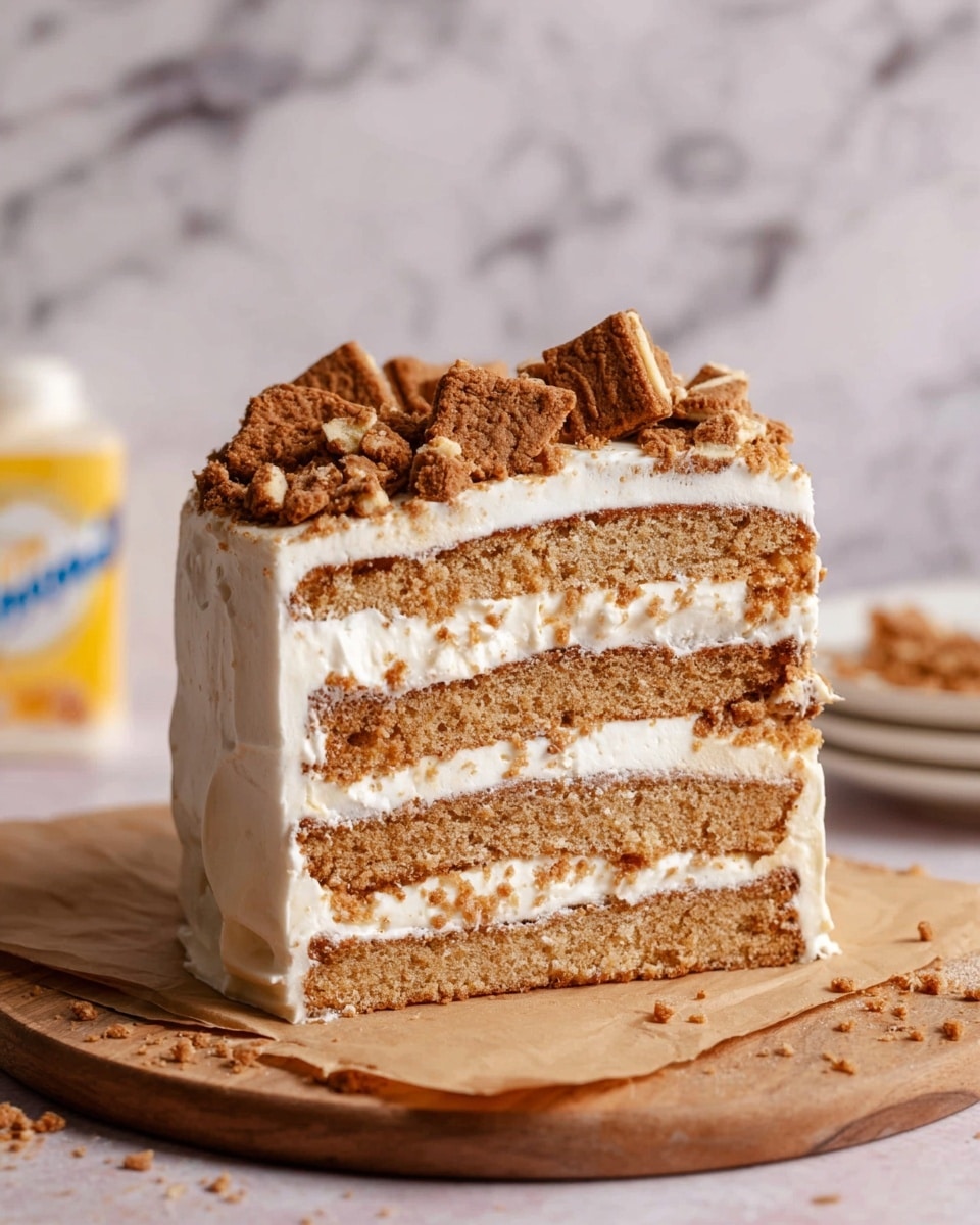 The image shows a three-layer cake with light brown sponge layers that look soft and moist. Between each sponge layer is a thick white cream filling that also covers the outside of the cake smoothly. The top of the cake is decorated with pieces of crumbled cookies, which are a darker brown and broken into chunks. The cake sits on a wooden board with a piece of brown paper under it, and the background is a white marbled surface. Photo taken with an iphone --ar 4:5 --v 7
