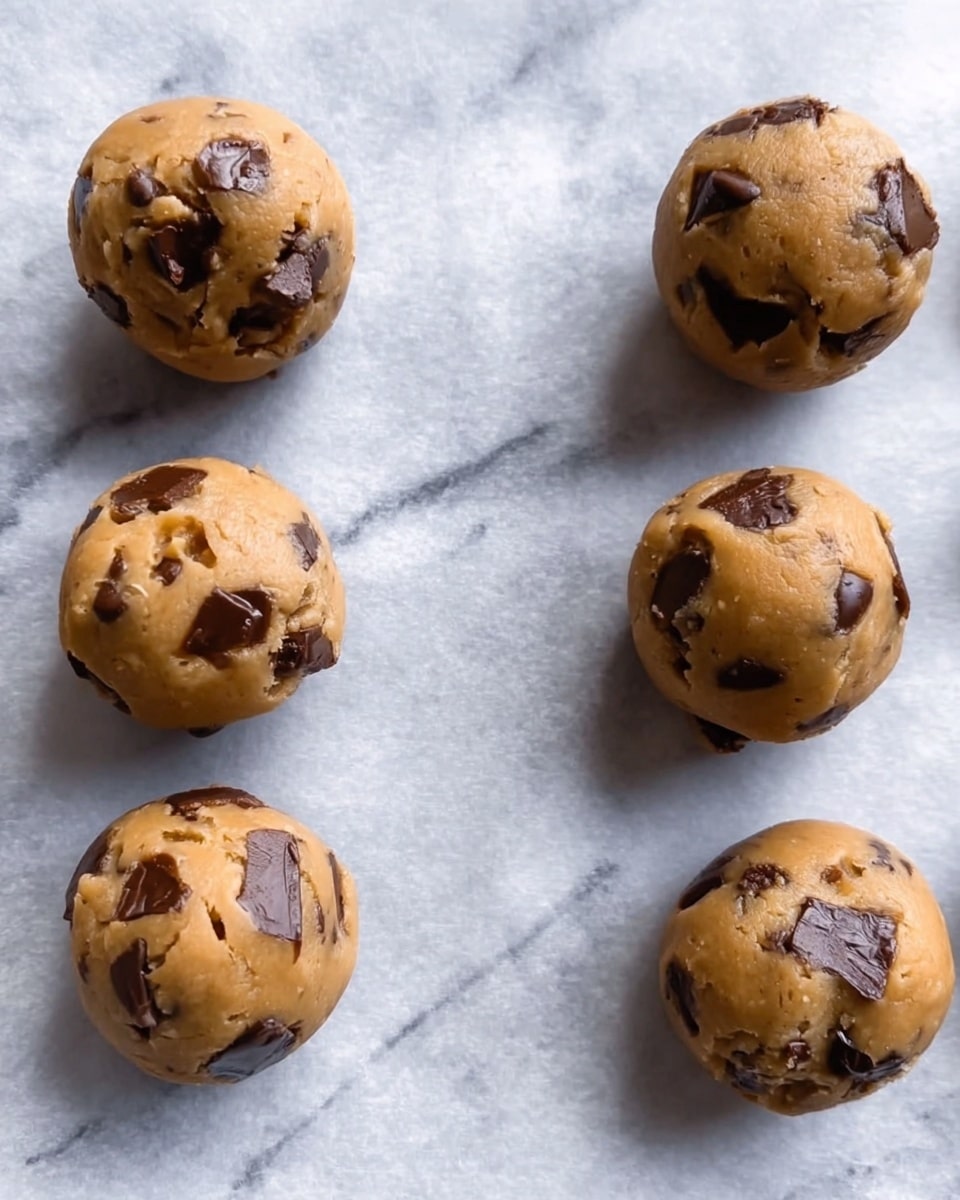 The image shows six round balls of cookie dough placed on a sheet of parchment paper over a white marbled surface. Each dough ball is light brown and smooth, with large dark brown chocolate chunks visible inside and on the surface. The dough balls are evenly spaced in two rows of three, and the texture of the dough looks soft and slightly shiny. Photo taken with an iphone --ar 4:5 --v 7