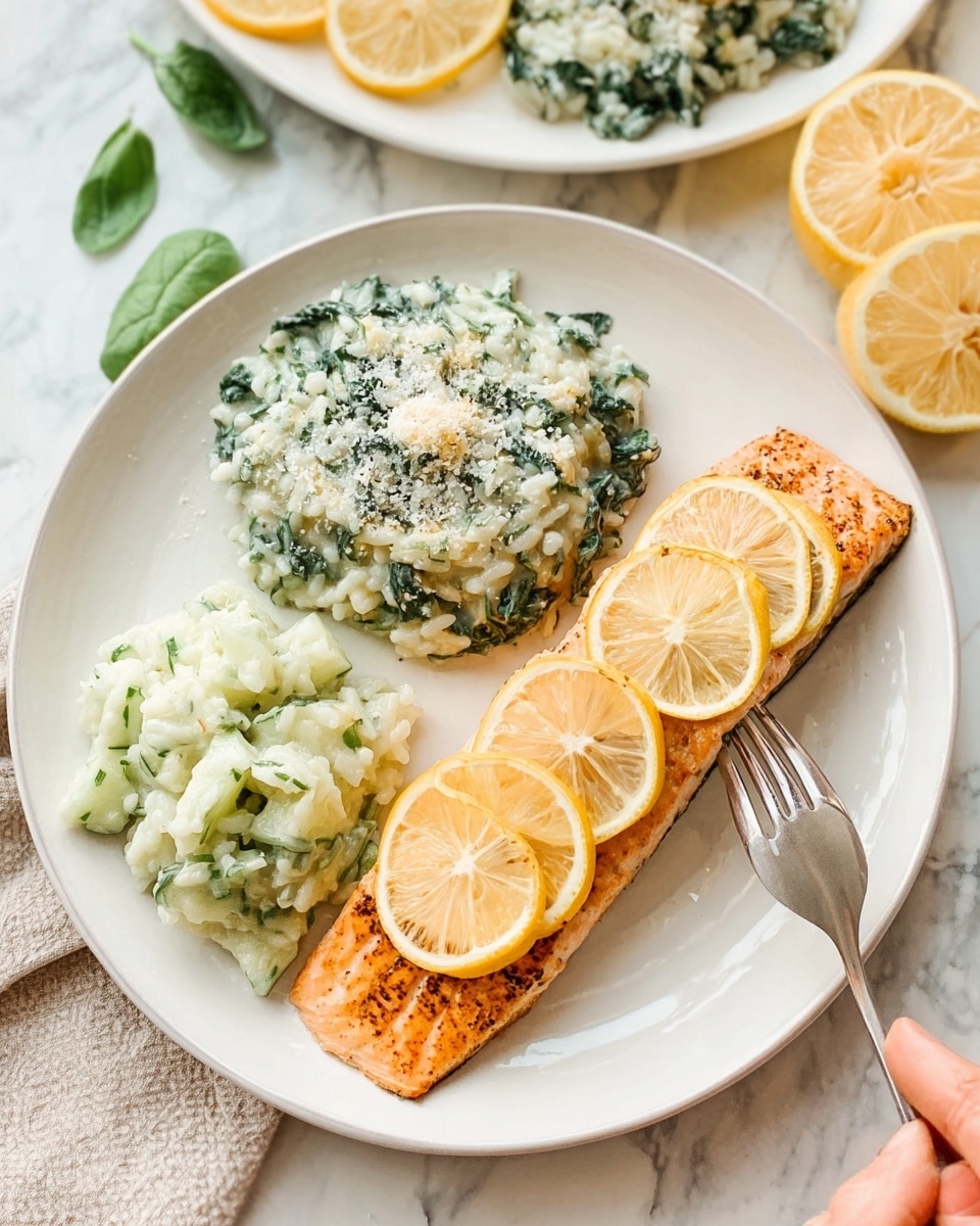 A white plate on a white marbled surface holds a meal with three main parts: a grilled salmon fillet on the right, topped with four thin lemon slices arranged in a line, showing light grill marks and a slightly shiny, orange-pink texture; on the upper left, a mound of creamy spinach risotto with visible green spinach pieces mixed into soft white rice, sprinkled lightly with grated cheese; below the risotto, a small serving of cucumber salad that looks cool and creamy with pale green pieces mixed in a white dressing. In the background, part of another white plate with similar food and slices of lemon is slightly visible, and a woman's hand is holding a fork near the salmon. Photo taken with an iphone --ar 4:5 --v 7