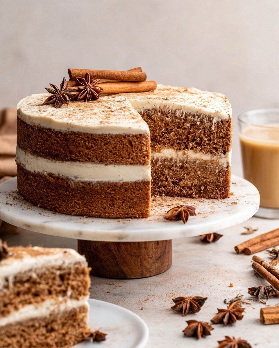 A three-layer round cake with light brown sponge and creamy off-white frosting between each layer and covering the outside in a thin, smooth finish. The top is dusted lightly with cinnamon powder, with two whole cinnamon sticks and six star anise pieces arranged together near the top left edge. The cake sits on a round wooden board lined with crumpled parchment paper, placed on a white marbled surface. In the background, two small clear glasses with a light beige drink can be seen. Photo taken with an iphone --ar 4:5 --v 7