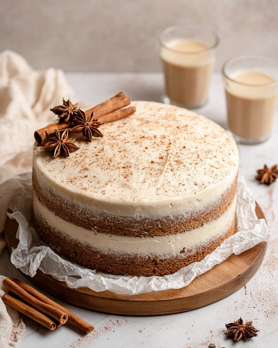 A three-layer brown cake with a creamy white frosting between each layer and on top. The top has a light dusting of brown powder and is decorated with two cinnamon sticks and several star anise. The cake sits on a wooden round stand, placed on a white marbled surface with scattered cinnamon sticks and star anise around. There is a slice of the cake on a white plate in the foreground and a glass of light brown drink in the background. Photo taken with an iphone --ar 4:5 --v 7