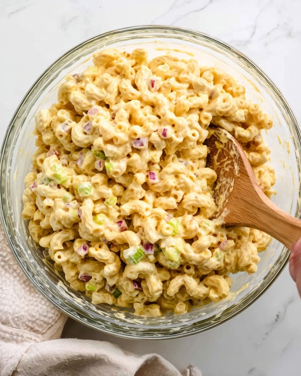 The image shows a clear glass bowl filled with a creamy macaroni salad made of small elbow macaroni coated in a yellowish dressing. The salad has visible bits of chopped green celery and small red onion pieces mixed throughout. A wooden spoon with some of the macaroni salad is resting inside the bowl. The bowl is placed on a white marbled surface, and a woman's hand is holding a pale towel in the background. Photo taken with an iphone --ar 4:5 --v 7