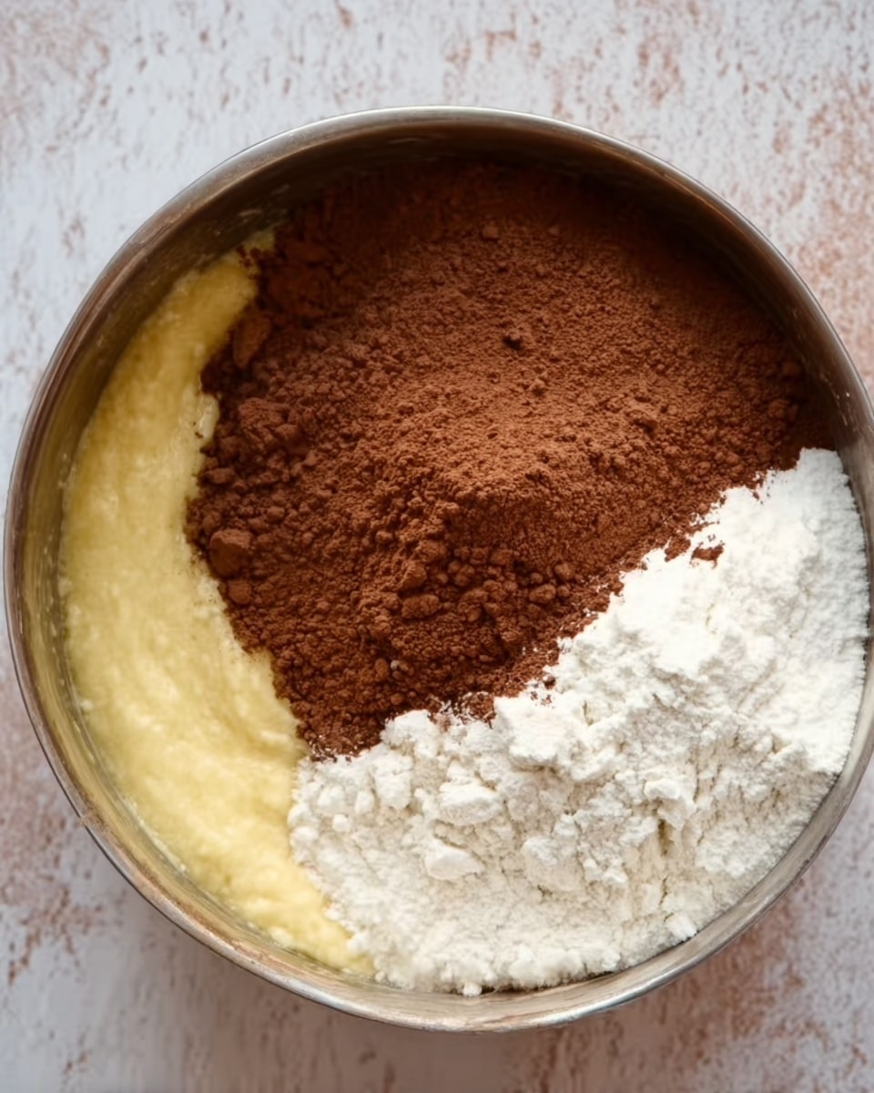 A metal mixing bowl on a white marbled surface holds three visible ingredients before mixing: a smooth light yellow batter on the bottom left, a fluffy white powder on the bottom right, and a thick layer of dark brown cocoa powder on the top, fully covering that section. The textures vary from smooth batter to soft powders, all sitting side by side in distinct layers inside the bowl. Photo taken with an iphone --ar 4:5 --v 7