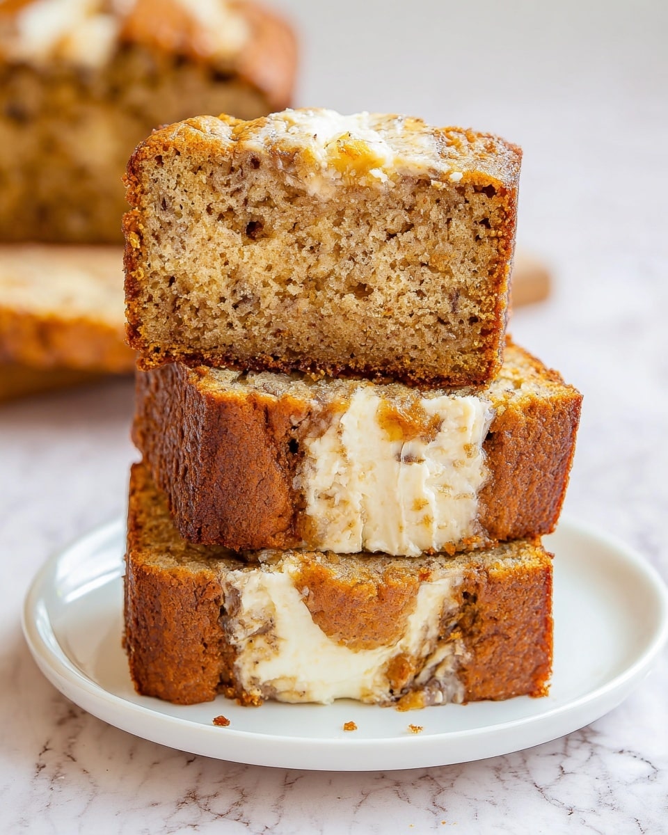 The image shows three pieces of banana bread stacked on a white plate with soft golden brown crusts. The top piece is positioned vertically, revealing a creamy white cheesecake layer in the middle, surrounded by moist, light brown banana bread with visible bits of banana and a dense texture. The bread looks slightly crumbly, and the background is a white marbled texture. Photo taken with an iphone --ar 4:5 --v 7